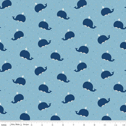 Fat Quarter End of Bolt - SALE FLANNEL Whales F10622 Blue - Riley Blake - Children's Whales Tiny Multi-Colored Stars - FLANNEL Cotton Fabric