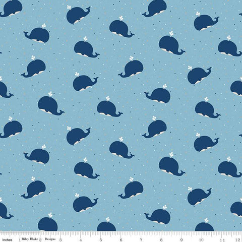 9" End of Bolt - SALE FLANNEL Whales F10622 Blue - Riley Blake Designs - Children's Whales Tiny Multi-Colored Stars - FLANNEL Cotton Fabric