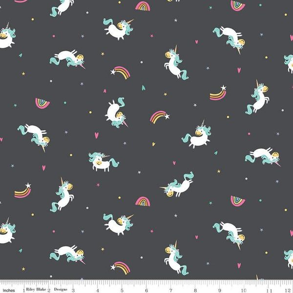 CLEARANCE Unicorn Kingdom Toss C10471 Charcoal - Riley Blake Designs - Unicorns Rainbows Stars Hearts Dots  - Quilting Cotton Fabric