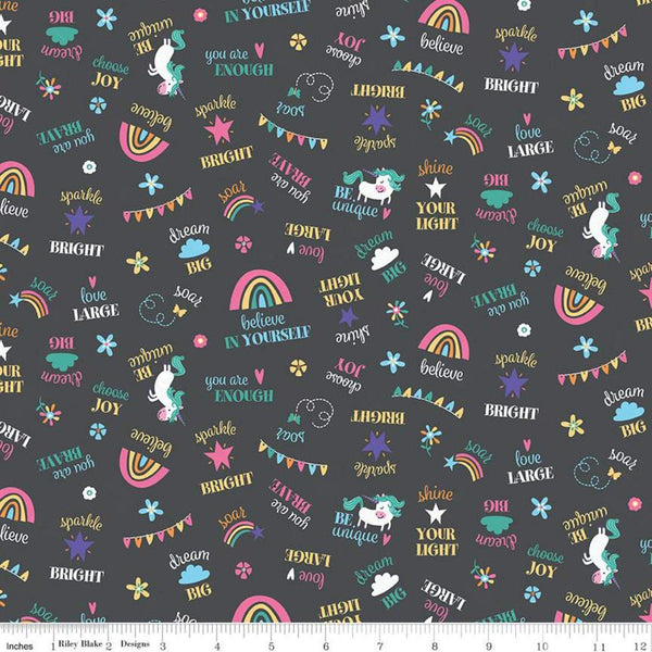 CLEARANCE 16" End Of Bolt - Unicorn Kingdom Be You C10472 Charcoal - Riley Blake - Text Unicorns Rainbows Stars - Quilting Cotton Fabric