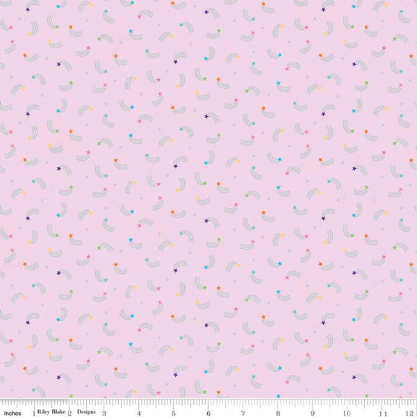 35" End of Bolt - SALE Unicorn Kingdom Shooting Stars SC10473 Pink SPARKLE - Riley Blake - Star Silver SPARKLE  - Quilting Cotton Fabric