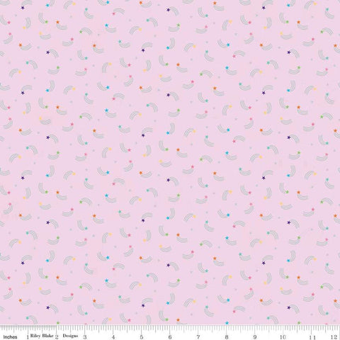 35" End of Bolt - SALE Unicorn Kingdom Shooting Stars SC10473 Pink SPARKLE - Riley Blake - Star Silver SPARKLE  - Quilting Cotton Fabric