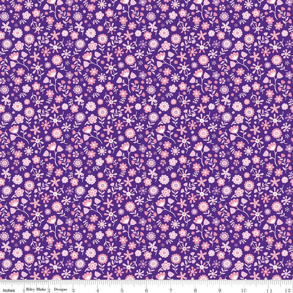 Unicorn Kingdom Flowers C10474 Purple - Riley Blake Designs - Floral Purple with Pink Flowers   - Quilting Cotton Fabric