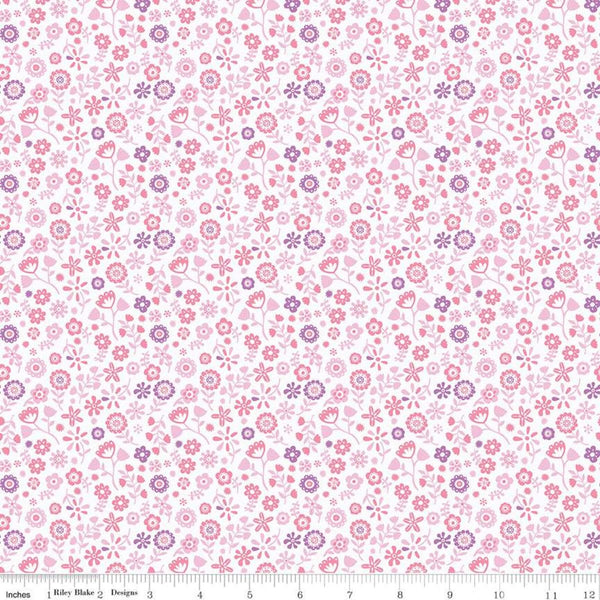 Fat Quarter End of Bolt - SALE Unicorn Kingdom Flowers C10474 White - Riley Blake - Floral White with Pink Purple - Quilting Cotton Fabric