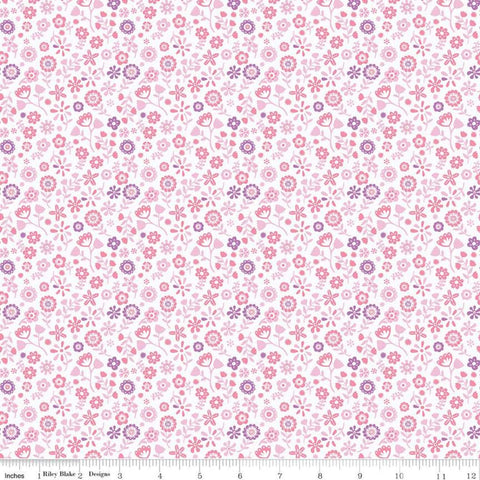 Fat Quarter End of Bolt - SALE Unicorn Kingdom Flowers C10474 White - Riley Blake - Floral White with Pink Purple - Quilting Cotton Fabric