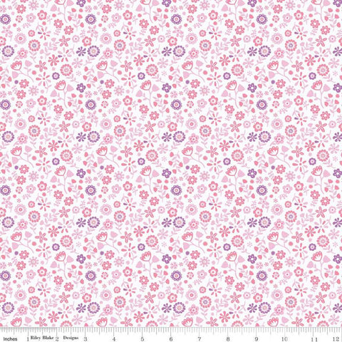 25" End of Bolt - SALE Unicorn Kingdom Flowers C10474 White - Riley Blake - Floral White with Pink Purple Flowers - Quilting Cotton Fabric