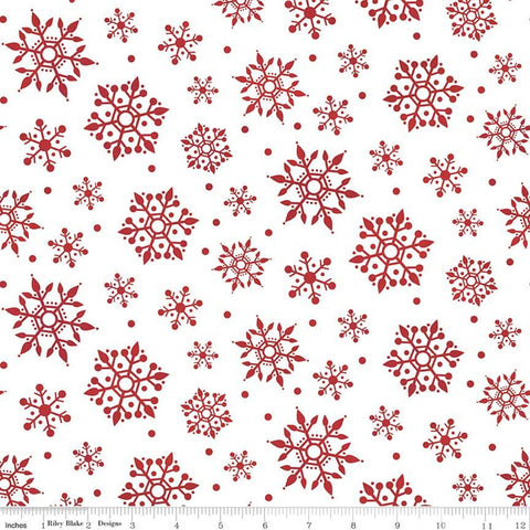 10" End of Bolt - FLANNEL Gnome for Christmas Snowflakes F10612 White - Riley Blake Designs - Dark Red on White Snow - FLANNEL Cotton Fabric