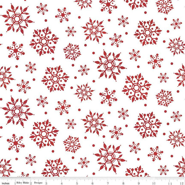10" End of Bolt - FLANNEL Gnome for Christmas Snowflakes F10612 White - Riley Blake Designs - Dark Red on White Snow - FLANNEL Cotton Fabric