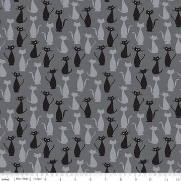 Fat Quarter End of Bolt - Spooky Hollow Cats SC10573 Charcoal SPARKLE - Riley Blake - Halloween Silver SPARKLE Gray - Quilting Cotton Fabric