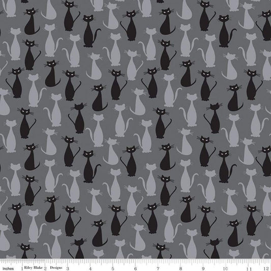 Fat Quarter End of Bolt - Spooky Hollow Cats SC10573 Charcoal SPARKLE - Riley Blake - Halloween Silver SPARKLE Gray - Quilting Cotton Fabric