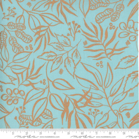 12" End of Bolt - CLEARANCE Sunshine Soul Leaf It To Me Leaves METALLIC Soft Jadeite - Moda - Blue Green with Copper SPARKLE-Quilting Cotton