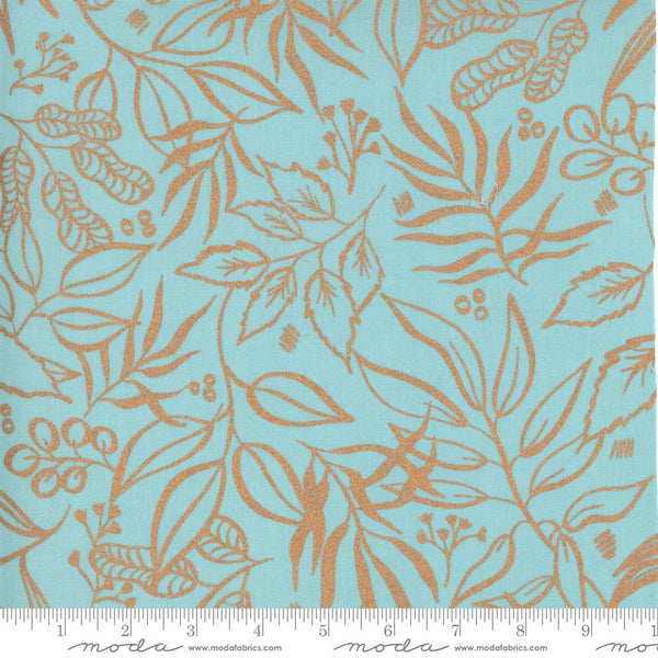 CLEARANCE Sunshine Soul Leaf It To Me Leaves METALLIC 8449 Soft Jadeite - Moda - Blue Green with Copper SPARKLE - Quilting Cotton Fabric