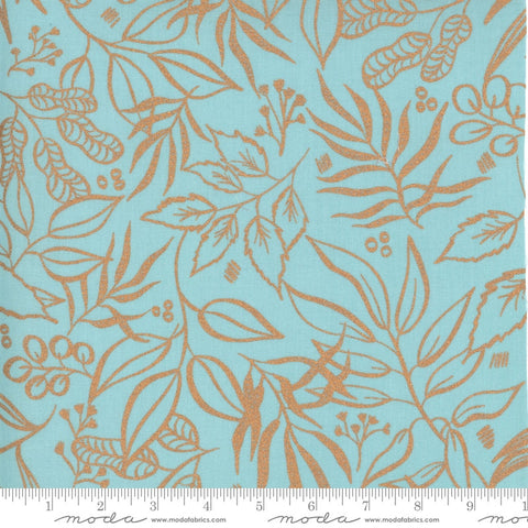 CLEARANCE Sunshine Soul Leaf It To Me Leaves METALLIC 8449 Soft Jadeite - Moda - Blue Green with Copper SPARKLE - Quilting Cotton Fabric