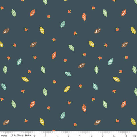 Fat Quarter End of Bolt - SALE FLANNEL Woodland Leaf F10632 Navy - Riley Blake Designs - Leaves Mushrooms Blue - FLANNEL Cotton Fabric