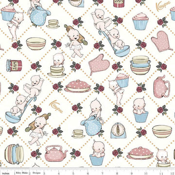 12" End of Bolt - SALE Sew Kewpie Kooks C10541 Cloud - Riley Blake - Cooking Pies Timers Teapots Vintage Off-White - Quilting Cotton Fabric