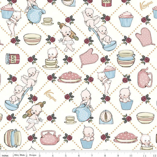 12" End of Bolt - SALE Sew Kewpie Kooks C10541 Cloud - Riley Blake - Cooking Pies Timers Teapots Vintage Off-White - Quilting Cotton Fabric