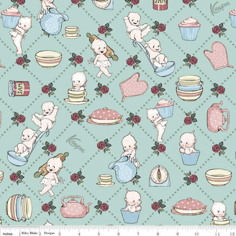 SALE Sew Kewpie Kooks C10541 Songbird - Riley Blake Designs - Cooking Cooks Pies Timers Teapots Vintage Blue Green - Quilting Cotton Fabric