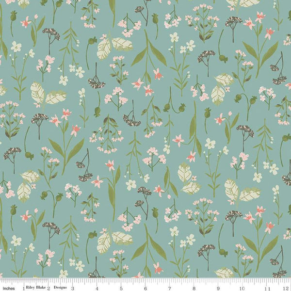 10" End of Bolt - SALE Tea with Bea Sprigs C10491 Lake - Riley Blake Designs - Flowers Leaves Buds Blue Green - Quilting Cotton Fabric