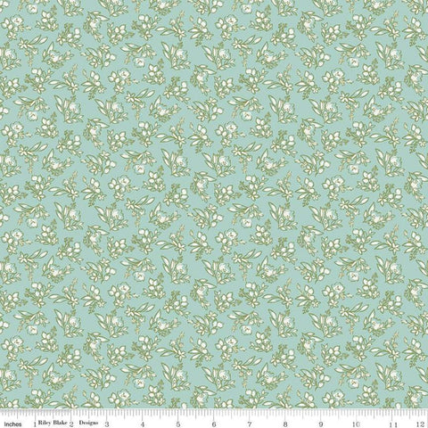 19" End of Bolt Piece - SALE Tea with Bea Posy C10493 Sky - Riley Blake Designs - Floral Flowers Off White Blue - Quilting Cotton