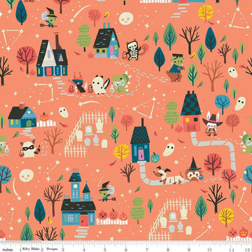 Fat Quarter End of Bolt Piece SALE Tiny Treater Main C10480 Orange Riley Blake Designs Halloween Ghost Witch Skeleton Quilting Cotton Fabric