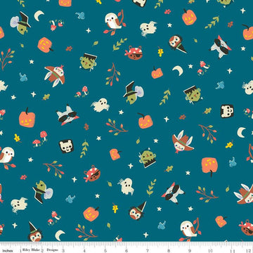 33" End of Bolt - Tiny Treaters Toss C10481 Teal - Riley Blake - Halloween Characters Ghosts Pumpkins Blue Green - Quilting Cotton Fabric