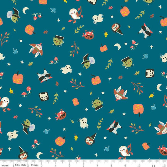 33" End of Bolt - Tiny Treaters Toss C10481 Teal - Riley Blake - Halloween Characters Ghosts Pumpkins Blue Green - Quilting Cotton Fabric