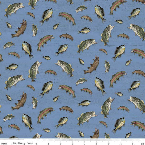 Fat Quarter End of Bolt - SALE At the Lake Fish C10552 Blue - Riley Blake Designs - Fishing - Quilting Cotton