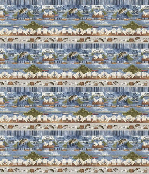 21" End of Bolt - SALE At the Lake Border Stripe C10555 Blue - Riley Blake Designs - Posters Chairs Dock Fish Fishing Gear - Quilting Cotton