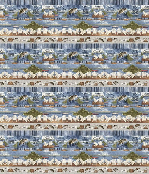 24" End of Bolt - SALE At the Lake Border Stripe C10555 Blue - Riley Blake Designs - Posters Chairs Dock Fish Fishing Gear - Quilting Cotton