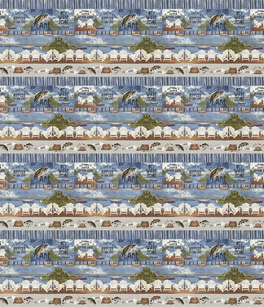 21" End of Bolt - SALE At the Lake Border Stripe C10555 Blue - Riley Blake Designs - Posters Chairs Dock Fish Fishing Gear - Quilting Cotton