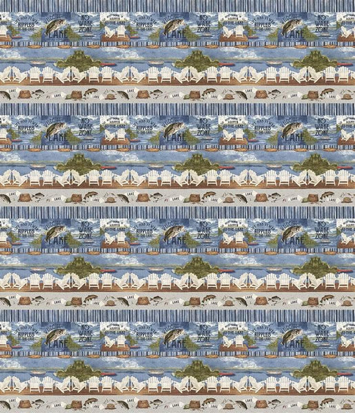 21" End of Bolt - SALE At the Lake Border Stripe C10555 Blue - Riley Blake Designs - Posters Chairs Dock Fish Fishing Gear - Quilting Cotton