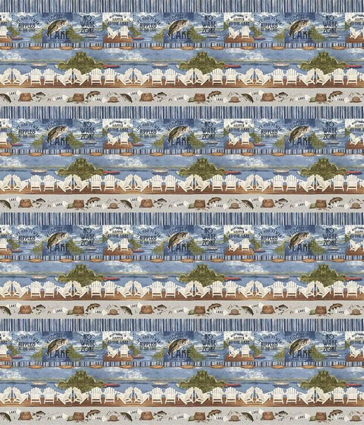 CLEARANCE 21" End of Bolt - At the Lake Border Stripe C10555 Blue - Riley Blake Designs - Posters Chairs Fish Fishing Gear - Quilting Cotton