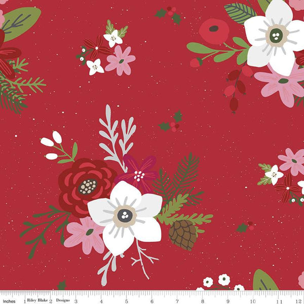 10" End of Bolt Piece - SALE Holly Holiday C10880 Red - Riley Blake - Christmas Flowers Pine Cones Berries Holly - Quilting Cotton Fabric