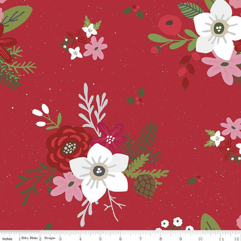 SALE Holly Holiday Main C10880 Red - Riley Blake Designs - Christmas Floral Flowers Pine Cones Berries Holly - Quilting Cotton Fabric