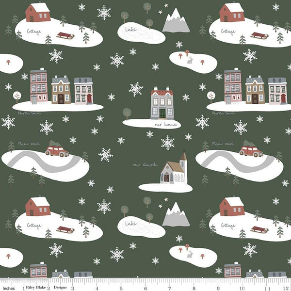 Fat Quarter End of Bolt - CLEARANCE Warm Wishes Main C10780 Forest - Riley Blake  Christmas Winter Village Snowflakes Quilting Cotton Fabric