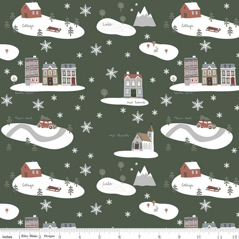 CLEARANCE Warm Wishes Main C10780 Forest - Riley Blake Designs - Christmas Winter Village Snowflakes Green - Quilting Cotton Fabric