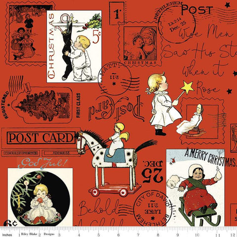 12" End of Bolt-SALE All About Christmas Post C10793 Red - Riley Blake - Stamps Postmarks Phrases DIGITALLY PRINTED - Quilting Cotton Fabric