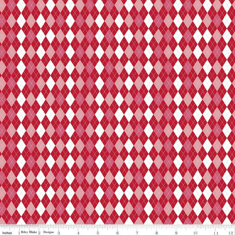 Fat Quarter End of Bolt - Christmas Adventure Argyle C10736 Scarlet - Riley Blake - Geometric Red White Pink Diamonds  - Quilting Cotton