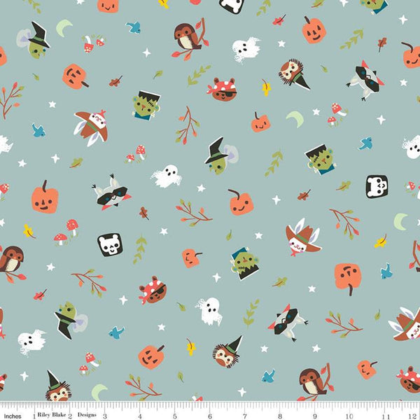 9" End of Bolt - CLEARANCE Tiny Treaters Toss C10481 Gray - Riley Blake - Halloween Ghosts Witches Pumpkins Stars  -  Quilting Cotton Fabric