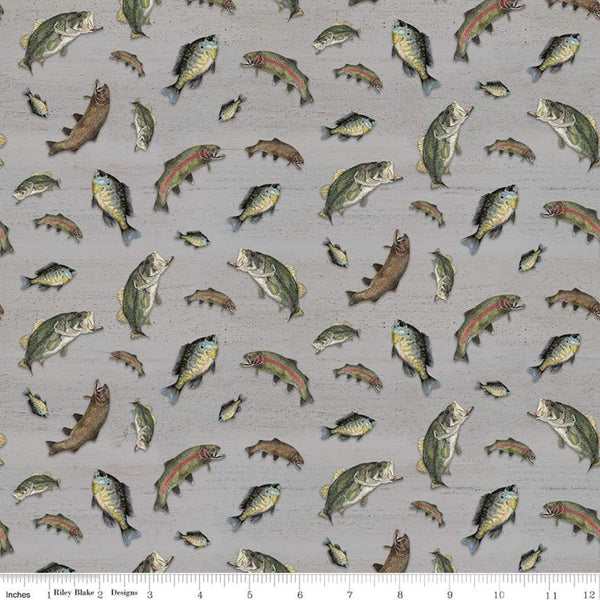 11" End of Bolt - At the Lake Fish C10552 Gray - Riley Blake Designs - Fishing - Quilting Cotton