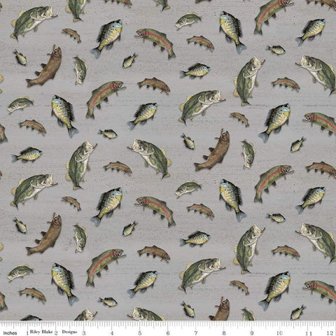11" End of Bolt - At the Lake Fish C10552 Gray - Riley Blake Designs - Fishing - Quilting Cotton