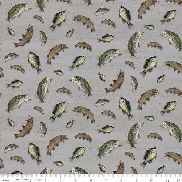 11" End of Bolt - At the Lake Fish C10552 Gray - Riley Blake Designs - Fishing - Quilting Cotton