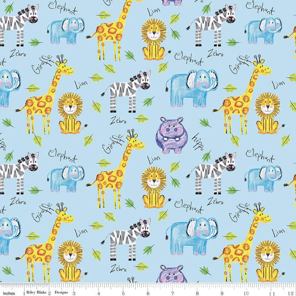 32" End of Bolt - SALE Colorful Friends Main C11010 Boy Blue - Riley Blake - Crayola Crayons Animals Elephants Hippos - Quilting Cotton