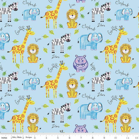 32" End of Bolt - SALE Colorful Friends Main C11010 Boy Blue - Riley Blake - Crayola Crayons Animals Elephants Hippos - Quilting Cotton