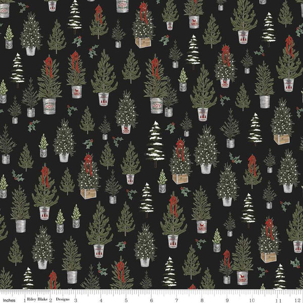 30" End of Bolt - Farmhouse Christmas Trees C10951 Black - Riley Blake Designs - Pine Trees Holly Berries  - Quilting Cotton Fabric