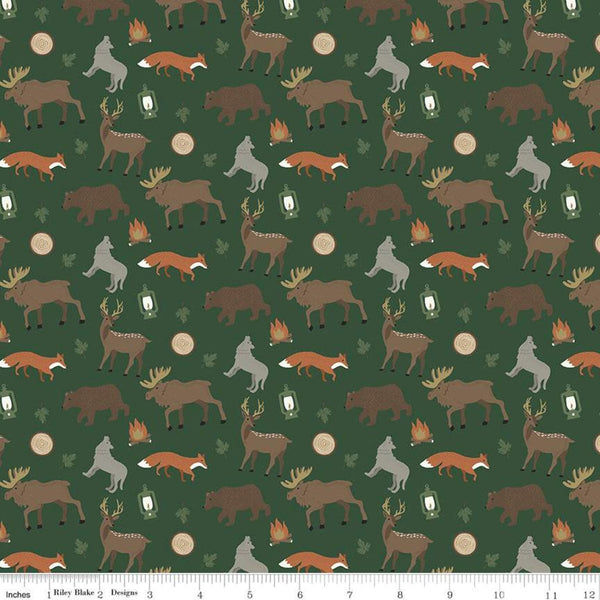 24" End of Bolt - SALE Adventure is Calling Wildlife C10721 Green - Riley Blake -Outdoors Moose Wolves Bear Fox Deer -Quilting Cotton Fabric