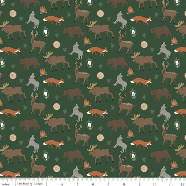 24" End of Bolt - SALE Adventure is Calling Wildlife C10721 Green - Riley Blake -Outdoors Moose Wolves Bear Fox Deer -Quilting Cotton Fabric