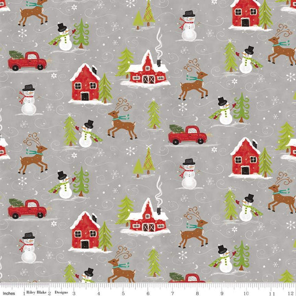 Fat Quarter End of Bolt -SALE Snowed In Main C10810 Gray - Riley Blake - Christmas Snowmen Houses Trucks Deer Trees - Quilting Cotton Fabric
