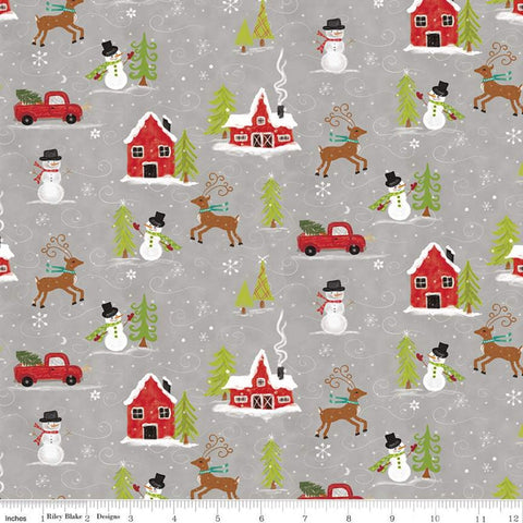 Fat Quarter End of Bolt -SALE Snowed In Main C10810 Gray - Riley Blake - Christmas Snowmen Houses Trucks Deer Trees - Quilting Cotton Fabric