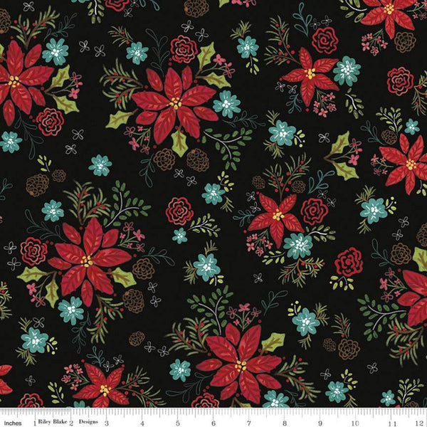 16" End of Bolt - SALE Snowed In Floral C10811 Black - Riley Blake Designs - Christmas Flower Flowers Poinsettias - Quilting Cotton Fabric